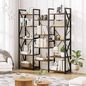 Triple Wide 5 Tier Bookshelf, Tall & Spacious Storage, Industrial Metal Frame, MDF Board, for Living Room, Bedroom, Home Office, Rustic Brown