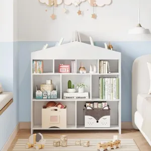 Kids Bookshelf 9-Cubby Toy Storage Organizer White Bookcase for Boys Girls Wooden Shelf with Roof-Shaped Top, Anti-Tip Kits, Scratch-Resistant Surface, Suitable for Playroom, Nursery
