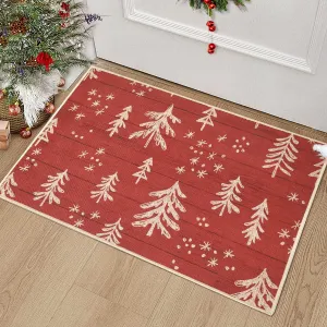 Festive Red Christmas Welcome Mat - Non-Slip, Washable Low Pile, Foldable Holiday Doormat for Indoor/Outdoor Front Door, Hallway, Kitchen