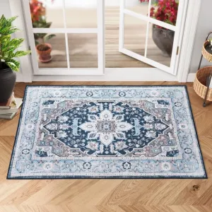 Small Area Rug 2x3 Vintage Entryway Rug Indoor Print Distressed Carpet Non Slip Washable Rug Foldable Accent Rug Lightweight Kitchen Bathroom Living Room, Navy, 2’x3’