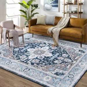 Area Rug 4x6 Vintage Rug Indoor Floor Print Distressed Carpet Foldable Accent Rug Non Slip Lightweight Rug Boho Rug for Living Room Bedroom Dining Room, Navy, 4’x6’