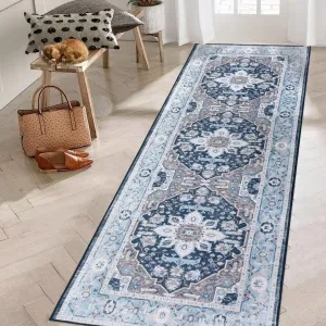 Runner Rug 2x6 Boho Hallway Rug Non-Slip Washable Non Skid Kitchen Rug Chenille Mat Foldable Accent Rug for Kitchen Living Room Bedroom, Navy, 2’x6’