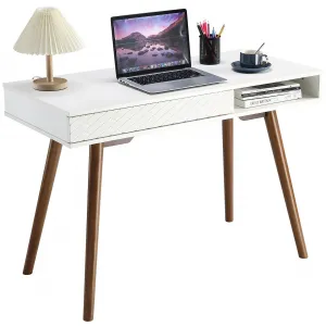 Modern Home Office Desk, Mid Century Modern Writing Desk with Drawer, Solid Wood Legs, Open Storage, White+walnut