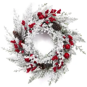 18 Inch Christmas Wreath for Front Door, Artificial Snow Flocked Wreath with Pine Cones Berries Red Apples, Red & White Winter Wreath for Fireplace Windows Wall Table Centerpiece Xmas Decor