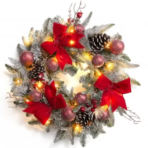 24" Prelit Christmas Wreath with Lights, Battery Operated Xmas Garland with Decorations, Wreath for Front Door Porch Wall Window Fireplace Outdoor Home Holiday Accent