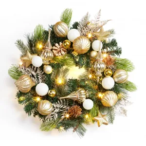Christmas Wreath for Front Door, 24 Inch Outdoor Christmas Wreath, Battery Operated Xmas Wreath with Gold White Ball Ornaments Pine Cones and 20 LED Lights for Home Holiday Decor