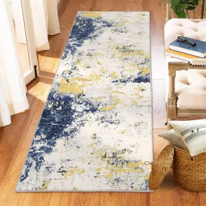 Abstract Modern Runner Rug, 2x6 Washable Foldable Soft Area Rugs with Non-Slip Backing, Non-Shedding Floor Mat, Stain Resistant Carpet for Living Room Bedroom Dining Room Office, Yellow Blue