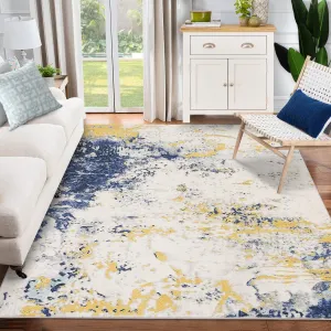 Abstract Modern Area Rug, 4x6 Washable Foldable Soft Rugs with Non-Slip Backing, Non-Shedding Floor Mat, Stain Resistant Carpet for Living Room Bedroom Dining Room Office, Yellow Blue