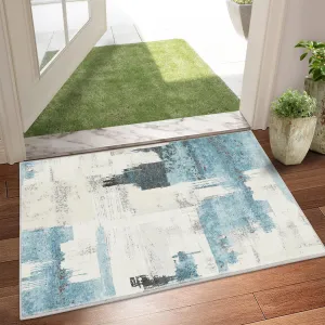 Modern Abstract Beige Blue Area Rug, 2x3 Stain Resistant Washable Floor Mat, Non-Shedding, Non-Slip Backing Carpet for Living Room Bedroom Dining Room Office