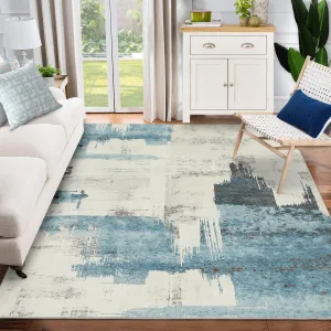 Modern Abstract Beige Blue Area Rug, 9x12 Stain Resistant Washable Floor Mat, Non-Shedding, Non-Slip Backing Carpet for Living Room Bedroom Dining Room Office