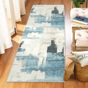 Modern Abstract Beige Blue Runner Rug, 2x6 Stain Resistant Washable Floor Area Rug, Non-Shedding, Non-Slip Backing Carpet for Living Room Bedroom Dining Room Office