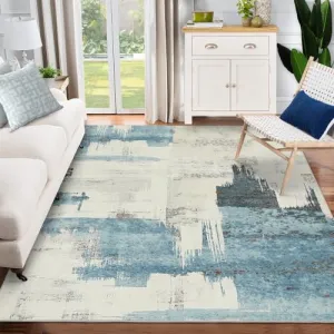 Modern Abstract Beige Blue Area Rug, 3x5 Stain Resistant Washable Floor Mat, Non-Shedding, Non-Slip Backing Carpet for Living Room Bedroom Dining Room Office
