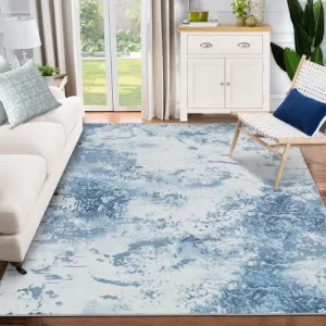 Washable Soft Area Rug, 4x6 Modern Abstract Design Rugs, Stain Resistant Foldable Carpet Non-Shedding Floor Mat with Non-Slip Backing, for Living Room Bedroom Dining Room Office, Blue