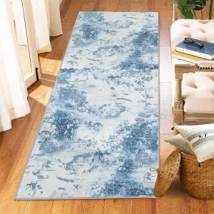 Washable Soft Runner Rug, 2x6 Modern Abstract Design Area Rugs, Stain Resistant Foldable Carpet Non-Shedding Floor Mat with Non-Slip Backing, for Living Room Bedroom Dining Room Office, Blue