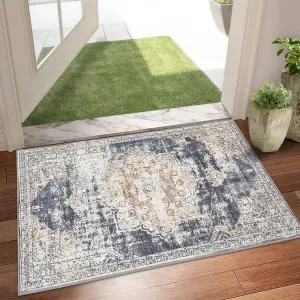 2x3 Vintage Washable Area Rug, Oriental Medallion Printed Indoor Rugs, Low Profile Pile Rubber Backing Ideal for Living Room Dining Room Bedroom Office