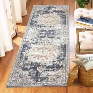 2x6 Vintage Washable Area Rug, Oriental Medallion Printed Indoor Rugs, Low Profile Pile Rubber Backing Ideal for Living Room Dining Room Bedroom Office