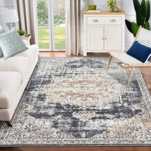9x12 Vintage Washable Area Rug, Oriental Medallion Printed Indoor Rugs, Low Profile Pile Rubber Backing Ideal for Living Room Dining Room Bedroom Office