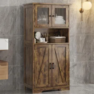 Farmhouse Freestanding Bathroom Storage Cabinet with Glass Doors and Adjustable Shelves, Brown