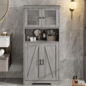 Farmhouse Freestanding Bathroom Storage Cabinet with Glass Doors and Adjustable Shelves, Grey