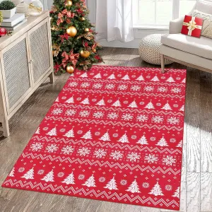 Christmas Washable Area Rug - Snowflake & Xmas Tree Pattern - Durable Polyester - Non-Slip Backing - 3x5 Feet - Festive Decor