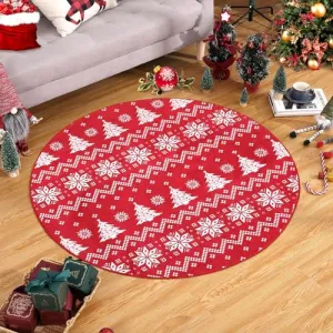 Christmas Round Rug 4Ft Bohemian Style, Tree & Snowflake Pattern, Polyester, Non-Slip, Washable, Living & Dining Room