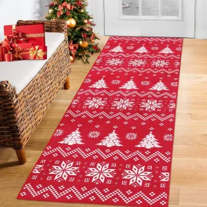 Christmas Runner Rug Snowflake Xmas Tree Boho Hallway Area Rug 2x8 Feet Machine Washable Floor Carpet for Kitchen Laundry Living Room