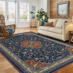 Monaco Collection Area Rug - 4' x 6', Navy Blue & Orange, Boho Chic Medallion Distressed Design, Non-Shedding & Easy Care, Ideal for High Traffic Areas in Living Room, Bedroom