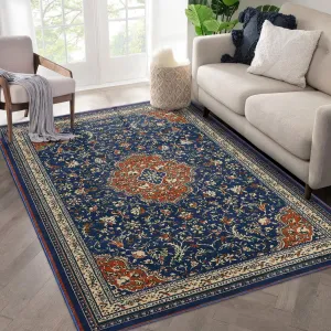 Large Monaco Collection Area Rug - 9' x 12', Navy Blue & Orange, Boho Chic Medallion Distressed Design, Non-Shedding & Easy Care, Ideal for High Traffic Areas in Living Room, Bedroom