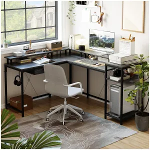 68" L Shaped Gaming Desk with Power Outlets & LED Lights, Oak, Reversible, Two Person, MDF & Steel, Home Office