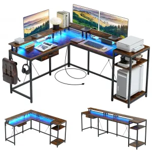 68" L Shaped Gaming Desk with Power Outlets & LED Lights, Reversible Home Office Desk with File Drawer, Monitor Shelf, and Hook, Rustic Brown