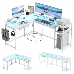 68" L Shaped Gaming Desk with Power Outlets & LED Lights, Home Office Desk with File Drawer, Monitor Shelf, Hook, Reversible Design, MDF & Stainless Steel, Ideal for Small Spaces