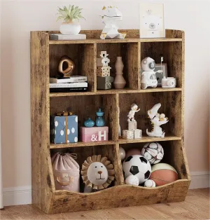7-Cubby Wood Toy Storage Organizer Kids Bookshelf, Retro Brown