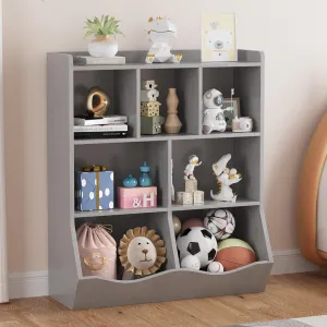 7-Cubby Wood Toy Storage Organizer Kids Bookshelf, Grey