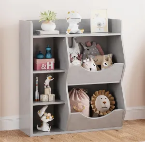 3-Tier Wooden Kids Bookshelf with 5 Cube Double-Side Display, Grey