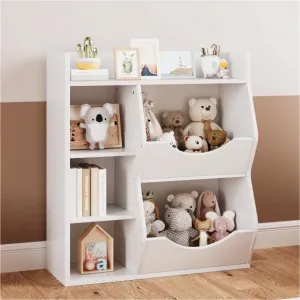 3-Tier Wooden Kids Bookshelf with 5 Cube Double-Side Display, White