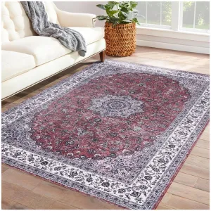 Vintage Area Rug Indoor Medallion Area Rug Boho Tribal Area Rugs Machine Washable Distressed Rug Stain & Water Resistant Non-Slip Area Rug for Living Room Bedroom, 5' x 7' Red