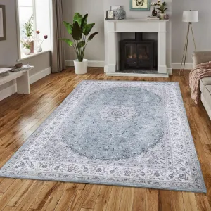 Area Rug for Living Room Large Bedroom Area Rug Indoor Machine Washable Rug Boho Rug Vintage Area Rug Stain Resistant Low-Pile Non-Slip Distressed Rug for Bedroom Kitchen, 9' x 12' Blue