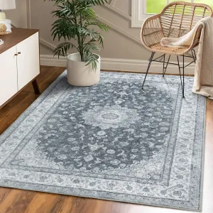 Area Rug for Living Room Large Bedroom Area Rug Indoor Machine Washable Rug Boho Rug Vintage Area Rug Stain Resistant Low-Pile Non-Slip Distressed Rug for Bedroom Kitchen, 9' x 12' Dark Grey