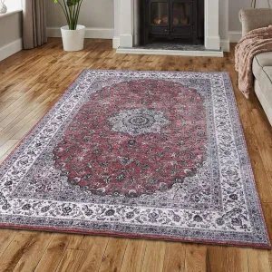 Area Rug for Living Room Indoor Machine Washable Rug Boho Area Rug Vintage Area Rug Stain Resistant Low-Pile Non-Slip Distressed Rug for Bedroom Kitchen, 3' x 5' Red