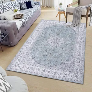 Large Area Rug 8x10 Traditional Washable Floral Medallion Carpet Waterproof Stain Resistant Distressed Accent Rugs Soft Foldable Floor Cover for Kitchen Dining Room Home Decor, Blue