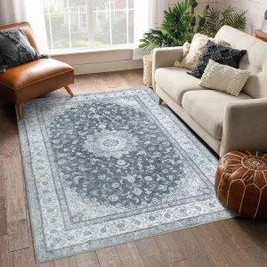 Vintage Area Rug Indoor Medallion Area Rug Boho Tribal Area Rugs Machine Washable Distressed Rug Stain & Water Resistant Non-Slip Area Rug for Living Room Bedroom, 3' x 5' Dark Grey