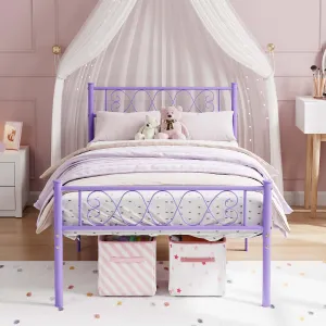 Violet Metal Twin Bed Frame with Headboard and Footboard for Girls and Boys, Twin Size Platform Bed Frame with Iron-Art Sweet Heart, No Box Spring Needed, Easy Assembly