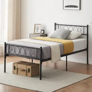 Twin Bed Frame with Headborad & Footboard, Twin Size Sturdy Metal Platform Bed Frame with Iron-Art Sweet Heart, No Box Spring Needed, Under Bed Storage (Black, Twin)