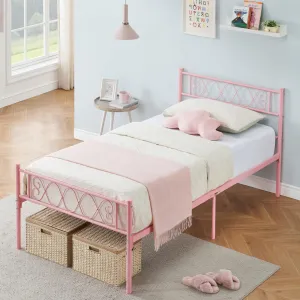 Pink Metal Twin Bed Frame with Headboard and Footboard for Girls and Boys, Twin Size Platform Bed Frame with Iron-Art Sweet Heart, No Box Spring Needed, Easy Assembly