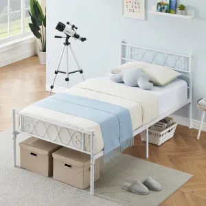 White Metal Twin Bed Frame with Headboard and Footboard for Girls and Boys, Twin Size Platform Bed Frame with Iron-Art Sweet Heart, No Box Spring Needed, Easy Assembly
