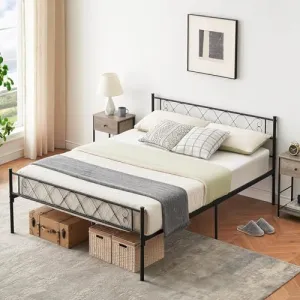 Full Bed Frame with Headboard & Footboard - Sturdy Metal Platform, Heart Design, No Box Spring Needed, Under Bed Storage, Easy Assembly, Noise-Reducing Foam, Black