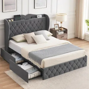Queen Size Bed Frame with 4 Storage Drawers, Charging Station, Velvet Upholstered, Tall Headboard, Wooden Slats, Grey
