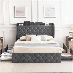 Full Size Bed Frame with 4 Storage Drawers & Charging Station, Velvet Upholstered, Tall Headboard, Wooden Slats, Light Grey
