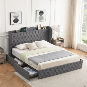 King Size Bed Frame + 4 Storage Drawers + Charging Station + Velvet Upholstered + Tall Headboard + Wooden Slats + Light Grey