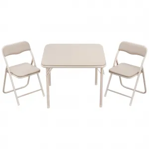 Boys and Girls Folding Table and Chairs Set of 3, Portable Table and Chair with PU Soft Cushion, Suitable for Eating, Reading and Playing, Beige